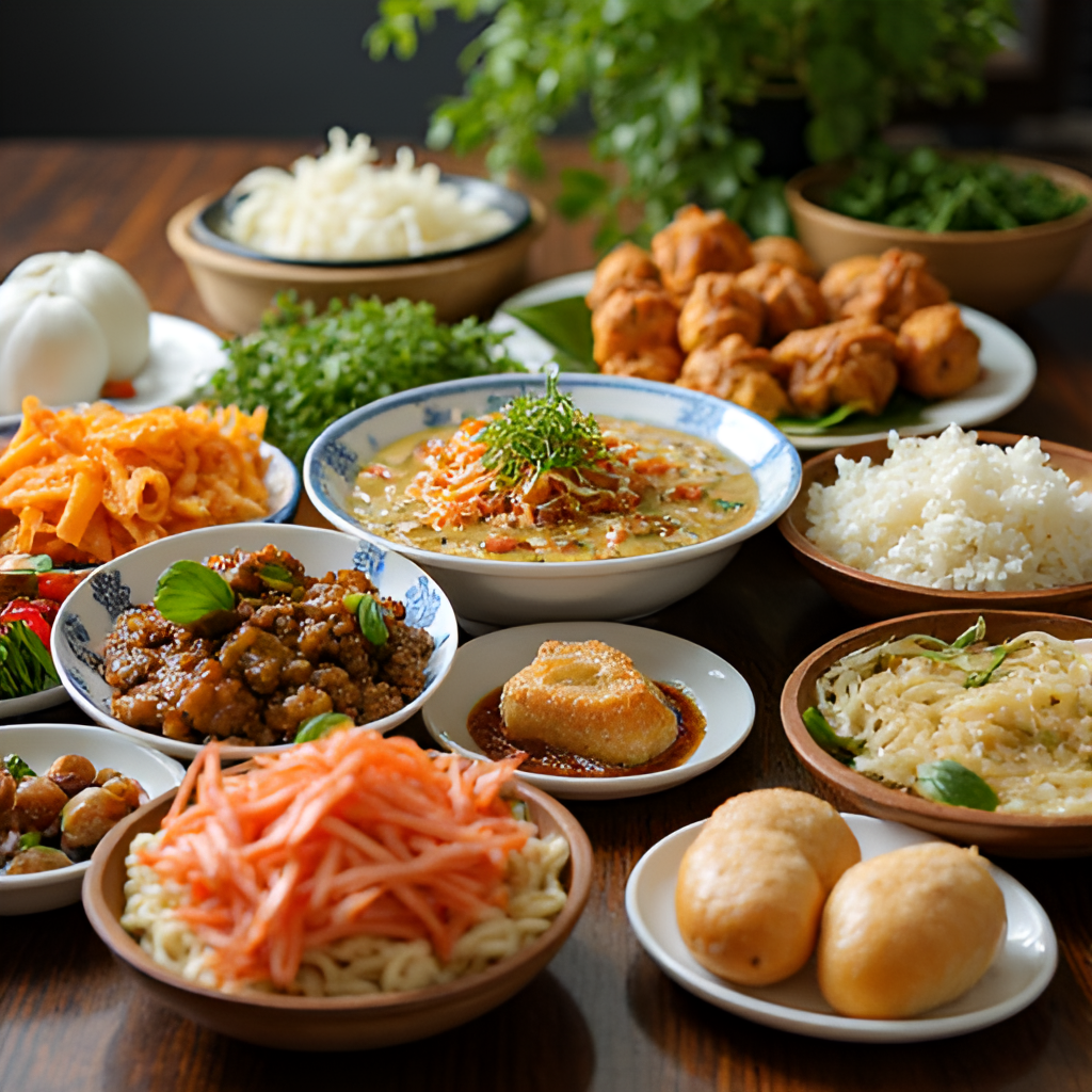 A vibrant photo showcasing a spread of traditional Central Vietnamese dishes, emphasizing the color and variety, perhaps including bánh bèo, bánh nậm, and a bowl of bún bò Huế, highlighting the region's unique cuisine
