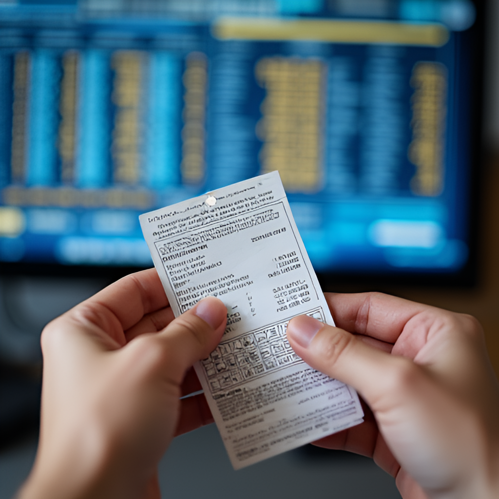 A close-up shot of hands holding a lottery ticket, with blurred background showing a computer screen displaying lottery results or winning numbers, conveying the excitement of checking the results.