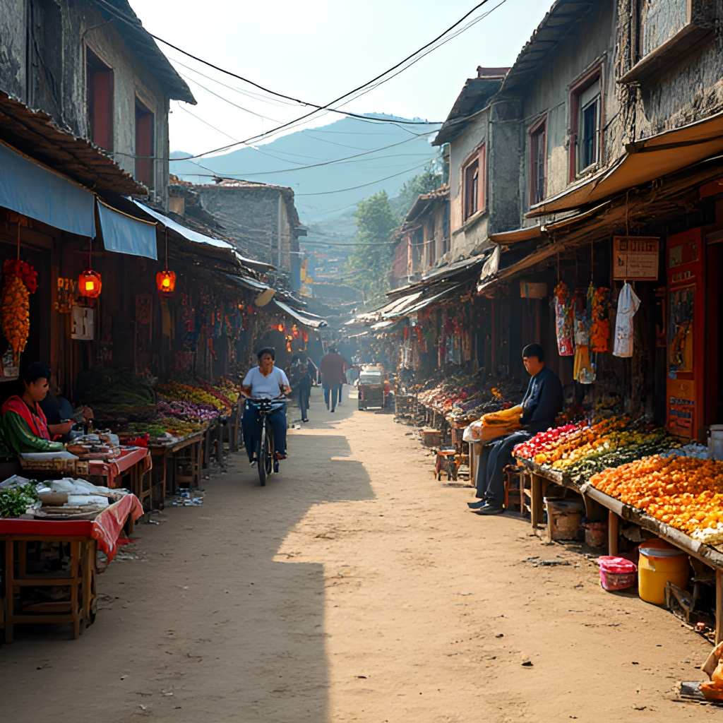 A vibrant photo capturing the lively atmosphere of a traditional market in Dai Ngai, with vendors selling goods, colorful produce, and a mix of old and new buildings in the background, conveying a sense of local commerce.