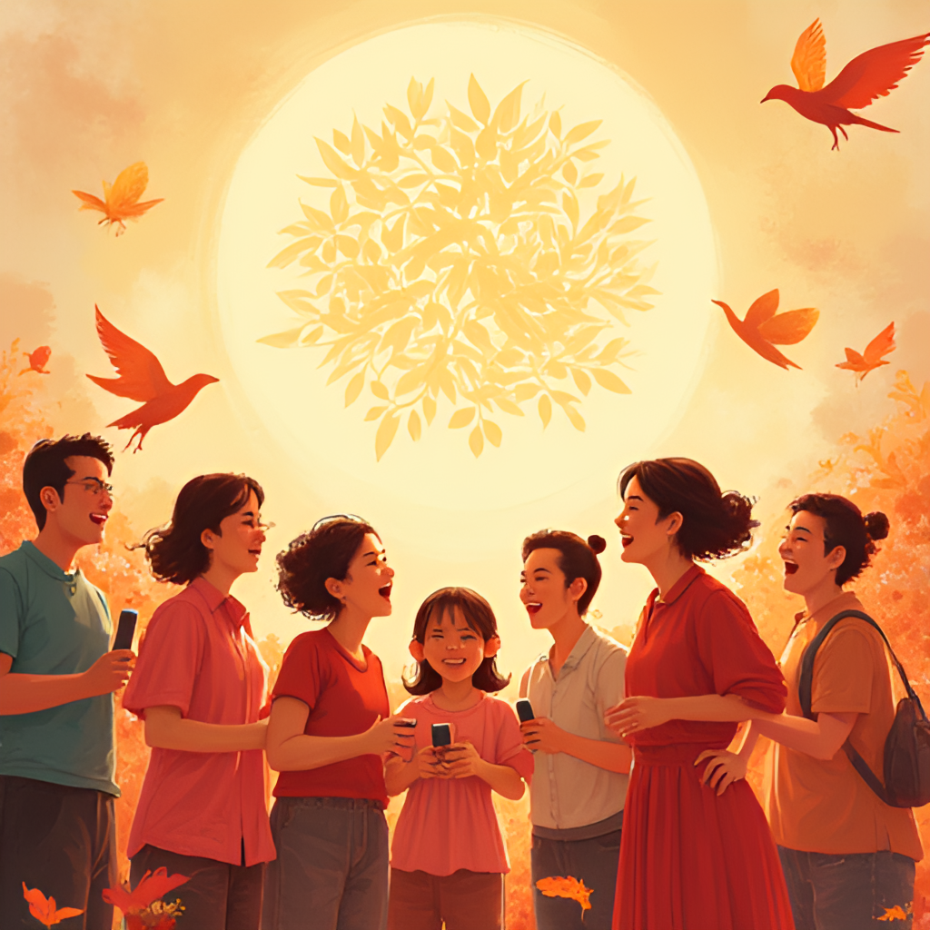 An illustrative image representing the song 'Viet Tiep Cau Chuyen Hoa Binh', perhaps showing diverse people of different generations singing together with a sense of national pride, or symbols of peace and unity in Vietnam. Style: evocative, warm colors.