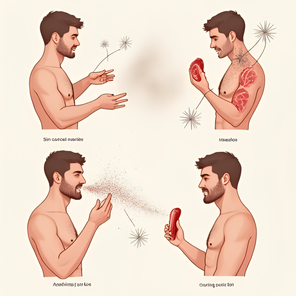 An illustration depicting different routes of anthrax infection in humans: skin contact with an animal product, inhaling spores, and eating undercooked meat
