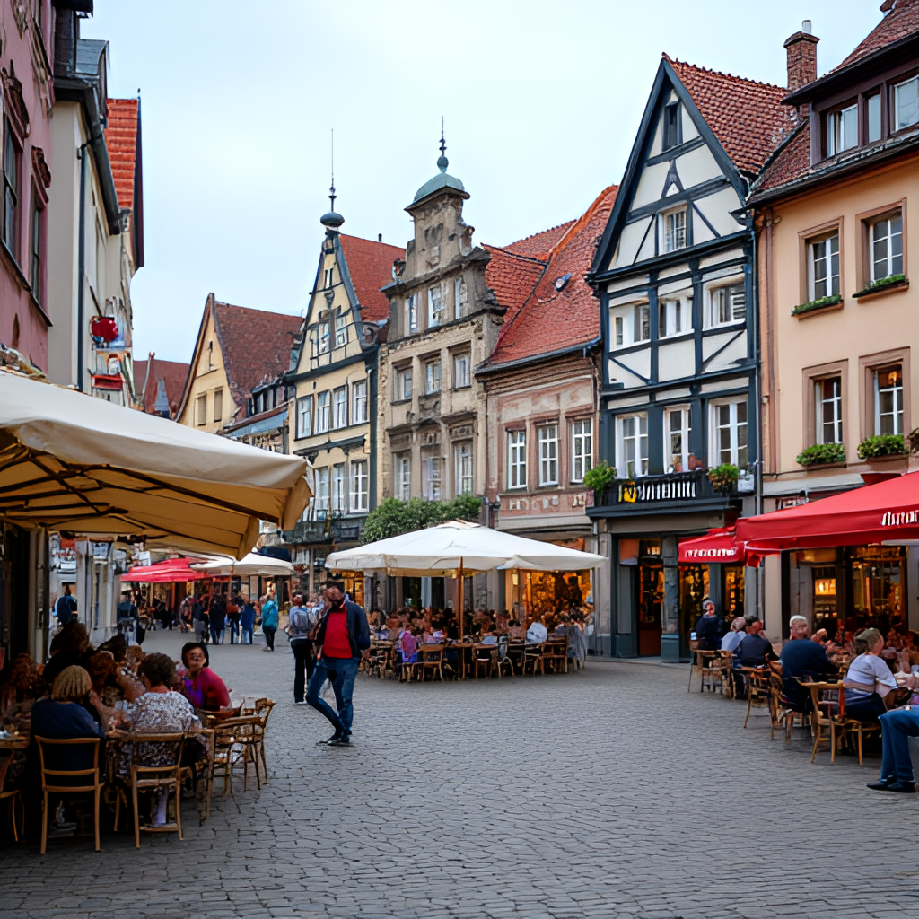A vibrant photo of the Alter Markt square in Dortmund, showing people sitting at outdoor cafes, historic buildings in the background, lively atmosphere