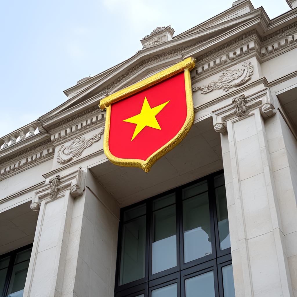 A photo of the National Emblem of Vietnam prominently displayed on the facade of a significant government building in Hanoi, conveying authority and national pride.