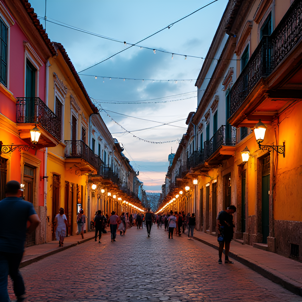 A vibrant street scene in Barrio Antiguo, Monterrey, with colorful colonial buildings and people enjoying the evening atmosphere