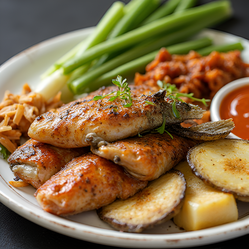 A close-up shot of a plate filled with various local dishes from Thanh Thuy, Phu Tho, such as grilled fish from Da River, bamboo shoots, and other regional specialties, presented attractively.