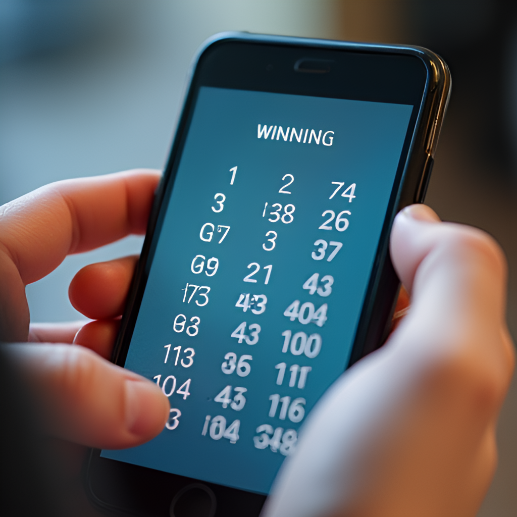 A close-up shot of a smartphone screen displaying the winning numbers of a lottery draw, with a hand pointing to a specific number on the screen, conveying the act of checking results.