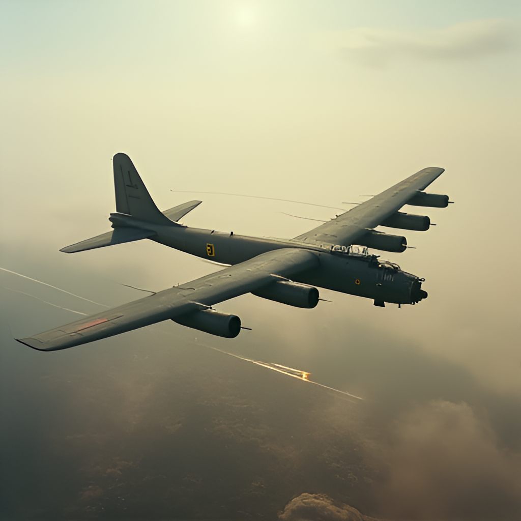 A historical photo illustration or painting depicting a B-52 bomber flying over a landscape during the Vietnam War, with faint anti-aircraft fire or missile trails in the distance, emphasizing the conflict.