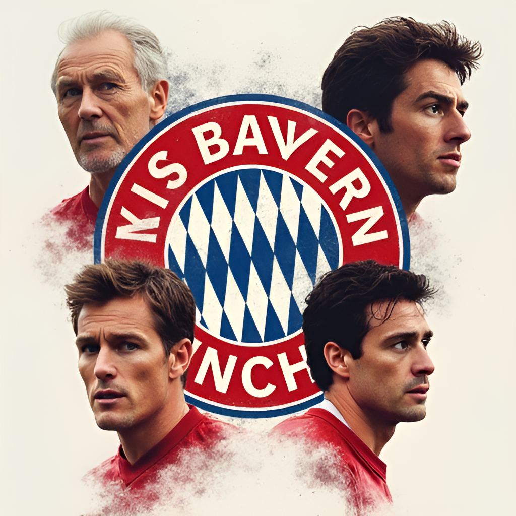 A collage or montage image featuring portraits of several Bayern Munich legends like Franz Beckenbauer, Gerd Müller, Oliver Kahn, and Thomas Müller, perhaps with a Bayern logo overlay