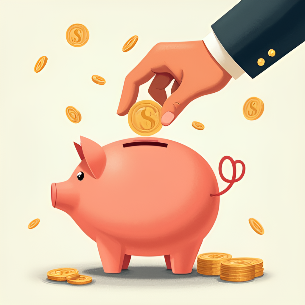 An abstract illustration depicting a hand gently placing coins into a piggy bank, symbolizing saving money and responsible gambling, with subtle lottery ticket motifs in the background.