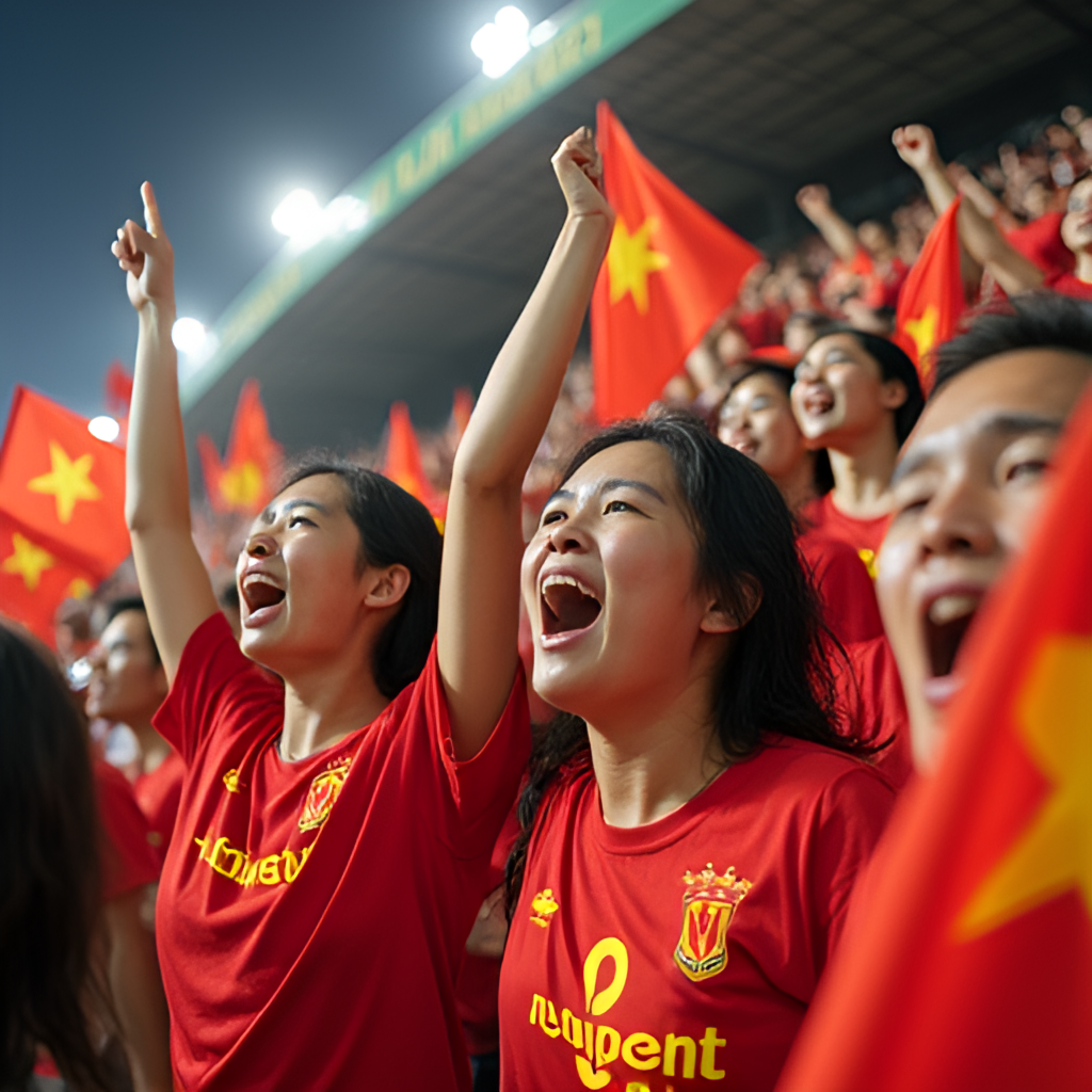 A vibrant scene of Vietnamese football fans in a stadium, with flags, banners, and enthusiastic expressions, showcasing the lively atmosphere of V.League matches.