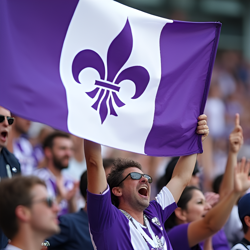 A close-up shot of a passionate Fiorentina fan waving a large purple and white flag with the club's lily logo, surrounded by other cheering supporters in the stadium
