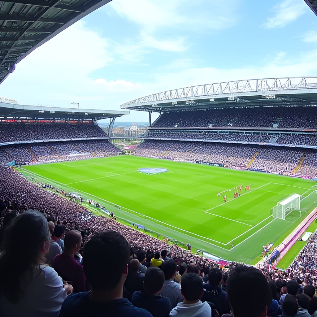 A wide shot of Machida GION Stadium with fans in the stands, showing the atmosphere of a J.League match, with players on the pitch in the distance, sunny day.