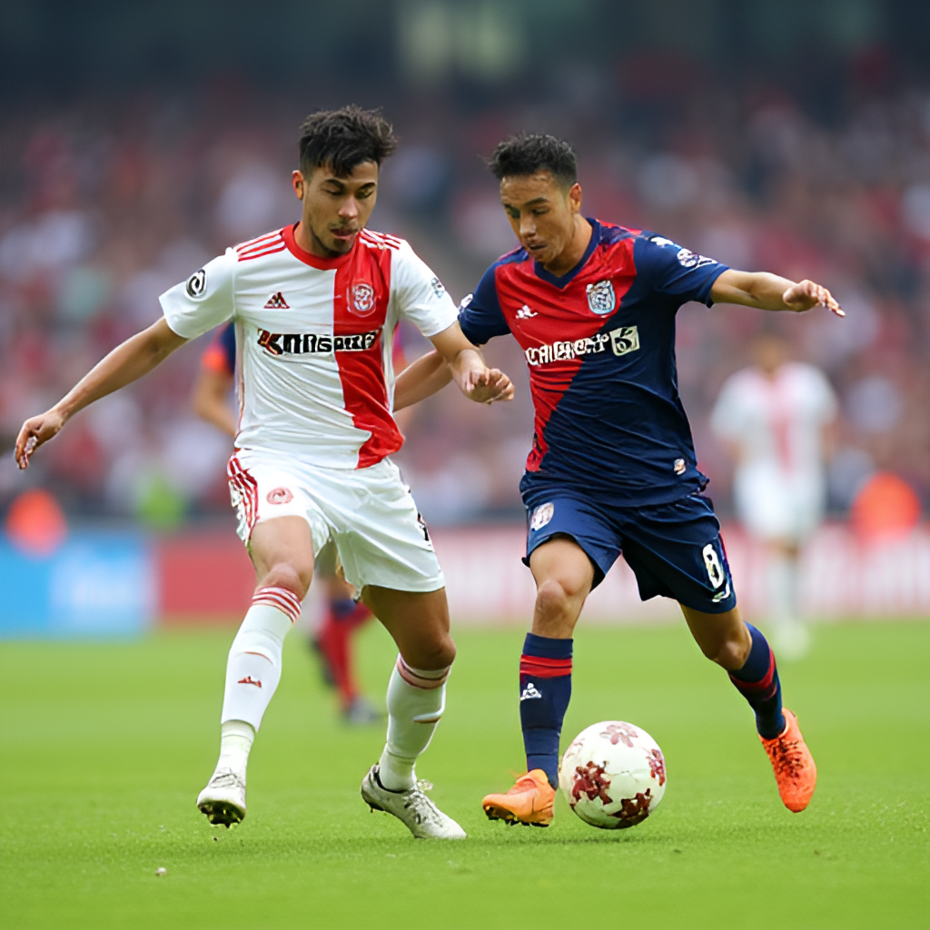A dynamic action shot of a Vissel Kobe player attempting to dribble past a Gamba Osaka defender during a J.League match, set against the backdrop of the stadium crowd