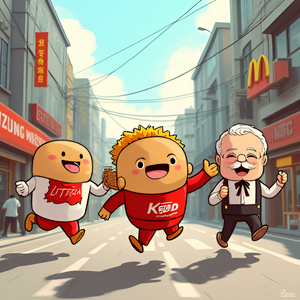 An illustration depicting a friendly competition scene between popular fast food mascots (representing Lotteria, KFC, McDonald's, etc.) in a race or a culinary challenge in a lively Vietnamese city street setting.