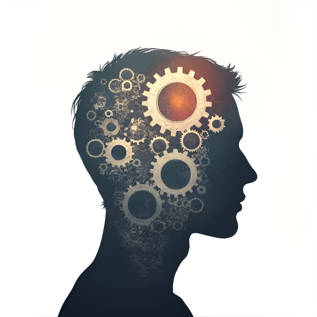A dynamic image depicting abstract interconnected gears inside a human silhouette, representing the inner workings and development of inner strength and resilience. Use a modern, slightly abstract style.