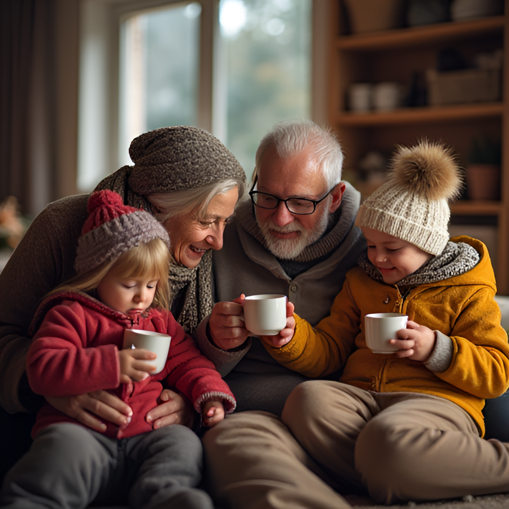 A heartwarming image of a family, including elderly people and children, bundled up in warm clothes inside a cozy home, perhaps sipping hot tea, to symbolize effective cold weather protection.
