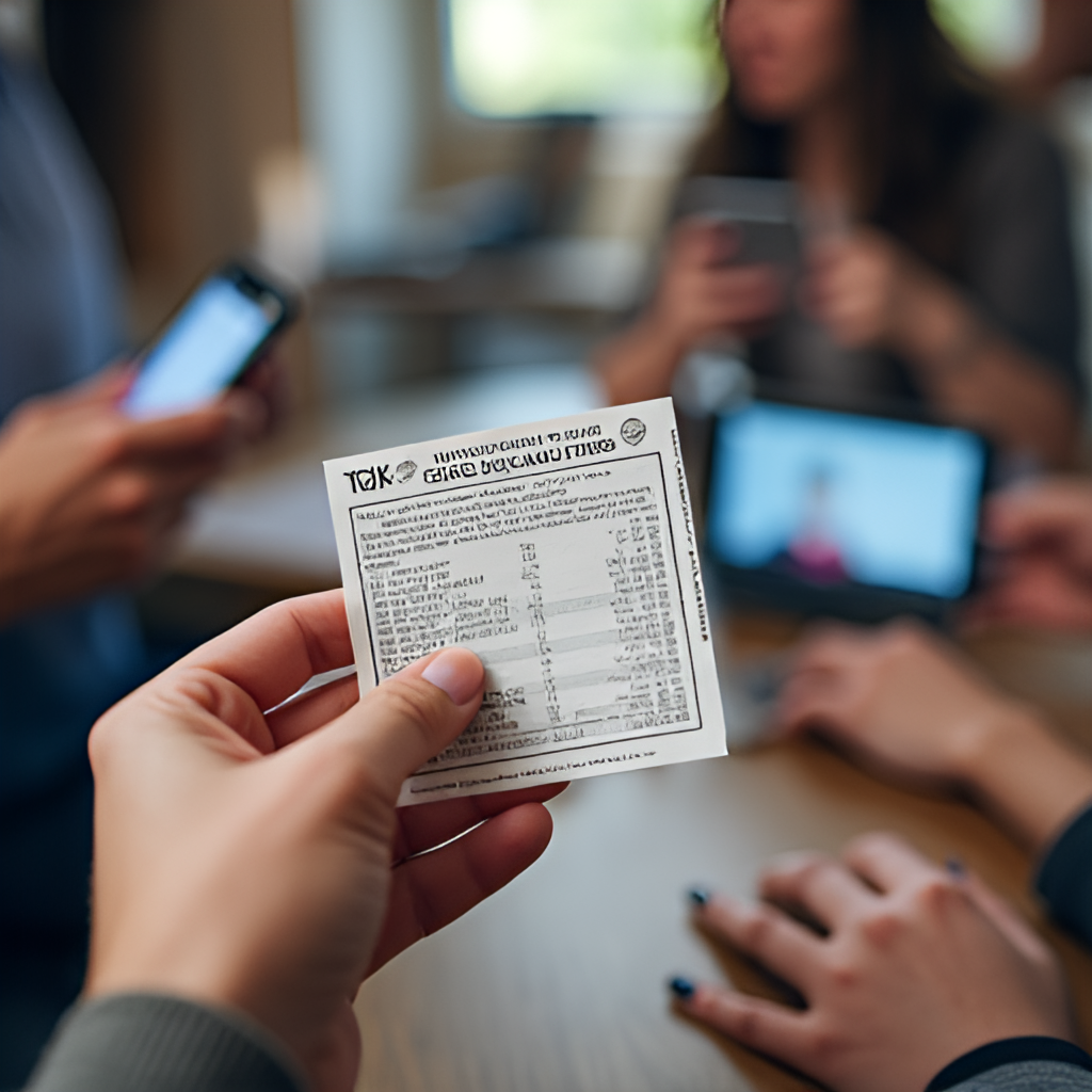 A photo-realistic image showing hands holding a lottery ticket, with a blurred background of people checking results on phones and computers, conveying the act of checking results and the mix of hope and anticipation.