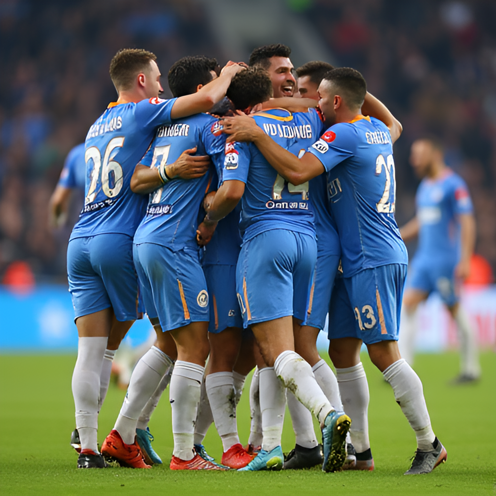 A dynamic shot of CD Leganés players celebrating a goal or victory on the pitch at Estadio Butarque, showing team unity and emotion
