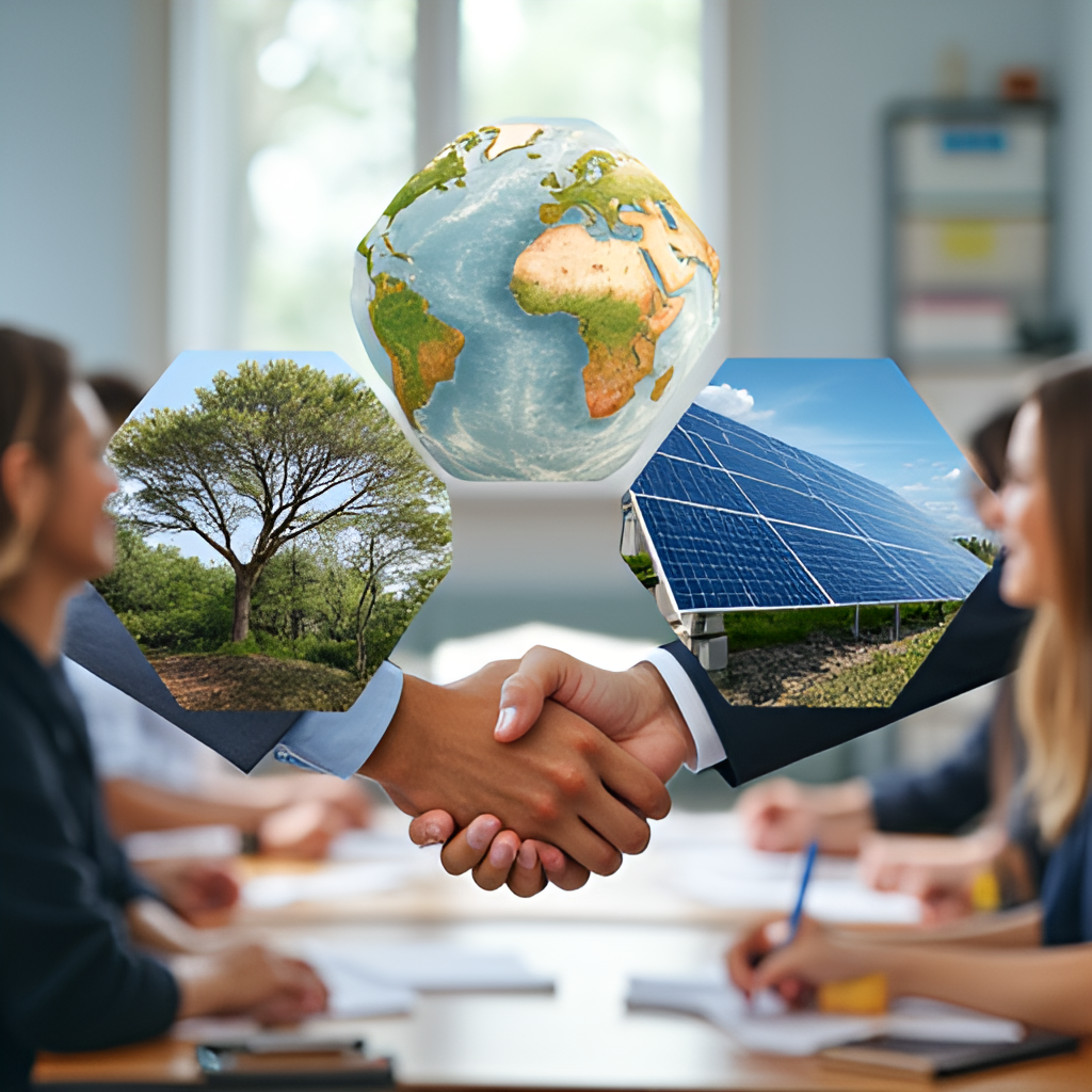An image depicting key areas of cooperation discussed during the visit, such as students in a classroom (education), solar panels (energy transition), and a handshake over documents (agreements).