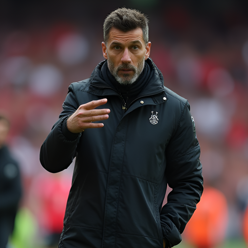 High-angle photorealistic shot of Xabi Alonso on the sideline as a manager for Bayer Leverkusen, gesturing and giving instructions, conveying his tactical focus and leadership.