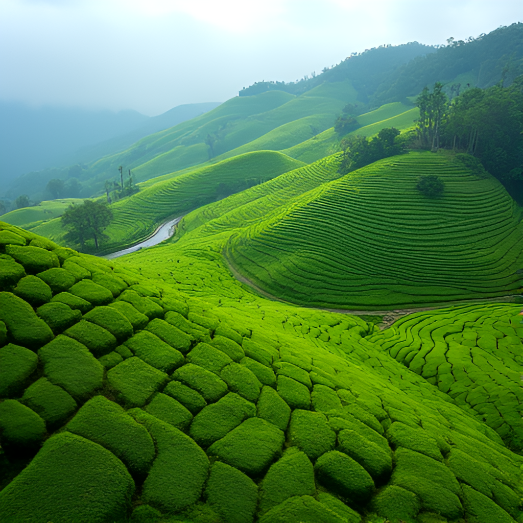 An aerial view of lush green tea plantations in Cameron Highlands, Malaysia, with rolling hills and a winding road, conveying a sense of tranquility and natural beauty.
