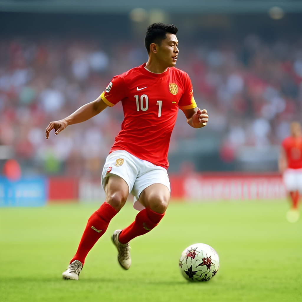 A dynamic action shot of a Vietnamese football player in a V.League match, perhaps dribbling or shooting, with the ball in focus and stadium background blurred.