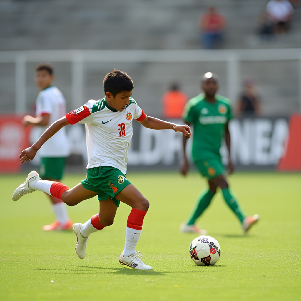 A close-up action shot of a U16 Vietnam player taking a free kick during the match against U16 Saudi Arabia, with the Saudi Arabian wall and goalkeeper in the background, emphasizing focus and determination.