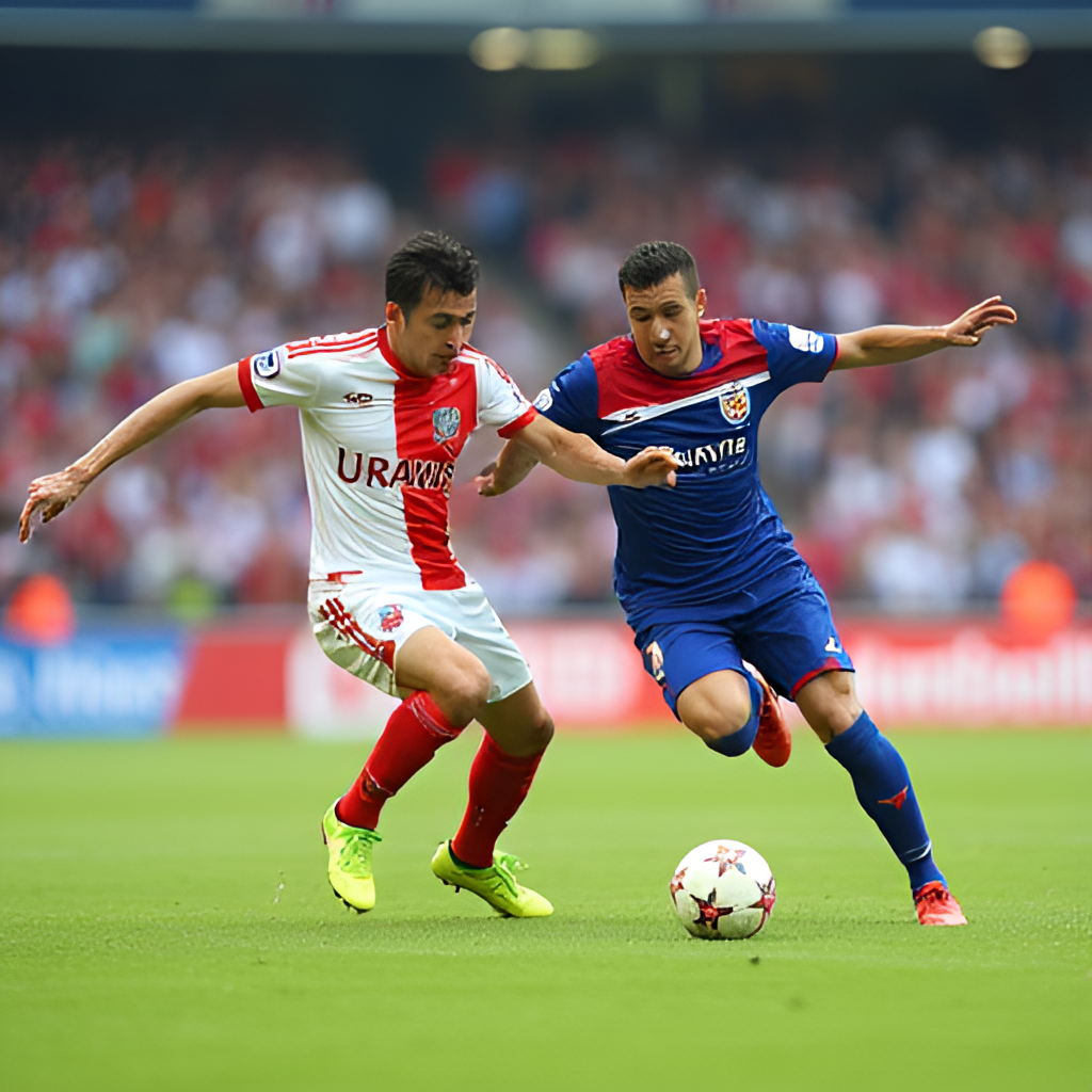 Action shot of a football match between Urawa Reds and Yokohama FC at Saitama Stadium, showing players in a dynamic play with the crowd in the background