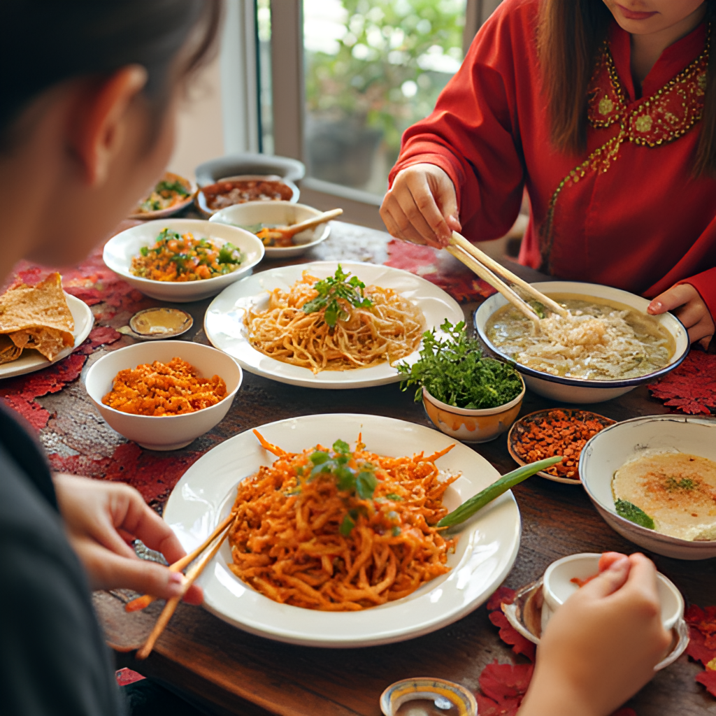 A vibrant image showcasing the fusion of Vietnamese and Korean cultures, perhaps with a table featuring both Korean dishes like kimchi and Vietnamese dishes like pho, or people in traditional clothing from both countries interacting.