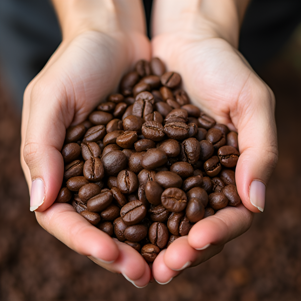 A hand holding a handful of roasted coffee beans, showing the rich brown color and texture, with a map of Dak Lak province in the background, suggesting origin and quality