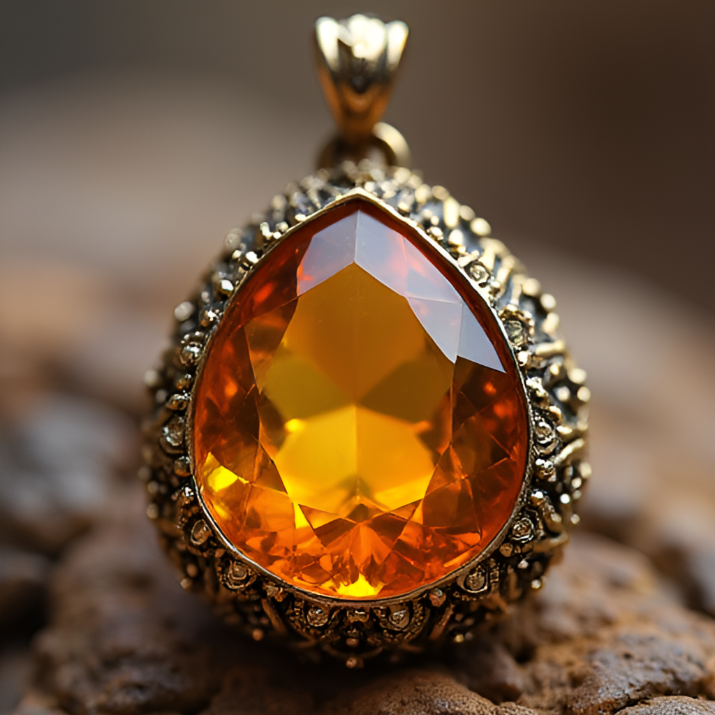 A close-up shot of a pendant incorporating a vibrant gemstone, possibly a yellow or red stone associated with wealth and passion in feng shui, set in a elegant metal frame, emphasizing the stone's color and cut.
