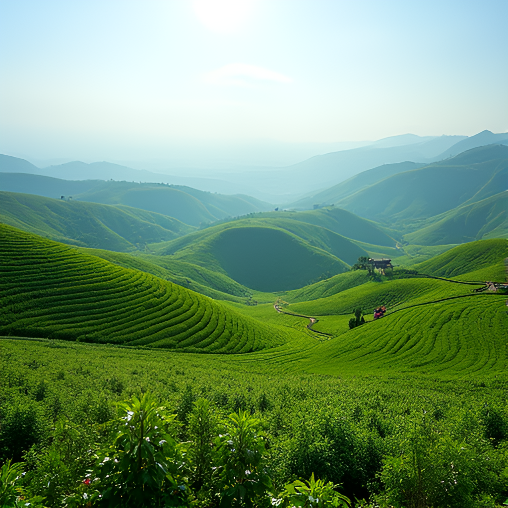A wide shot, realistic photo of rolling hills covered in coffee plantations in Dak Lak, with farmers working in the distance and a bright sky above, conveying the scale of coffee farming in the region.
