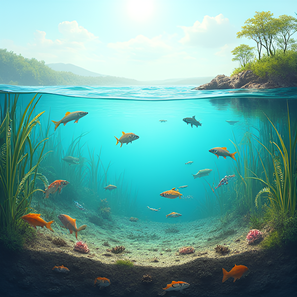 Conceptual illustration of a healthy lake ecosystem, depicting clear water, abundant aquatic plants rooted in the lakebed, diverse fish swimming above, and various benthic organisms visible on and within the sediment layer, with sunlight filtering down.