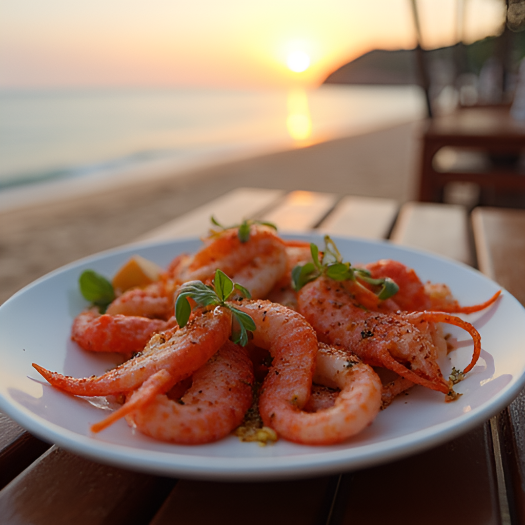 A close-up shot of a plate filled with grilled 'mực nháy' (fresh squid) and boiled ghẹ (sea crabs) on a table at a beachfront restaurant in Cua Lo, Vietnam, with a blurred background of the sea at sunset.