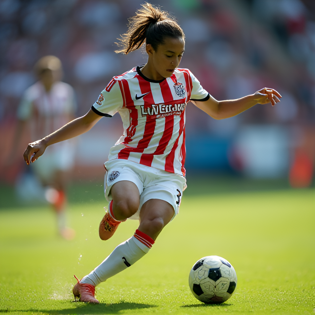 A close-up, dynamic photo of a football player kicking a ball, with the background slightly blurred to emphasize the action. It should convey energy and skill.