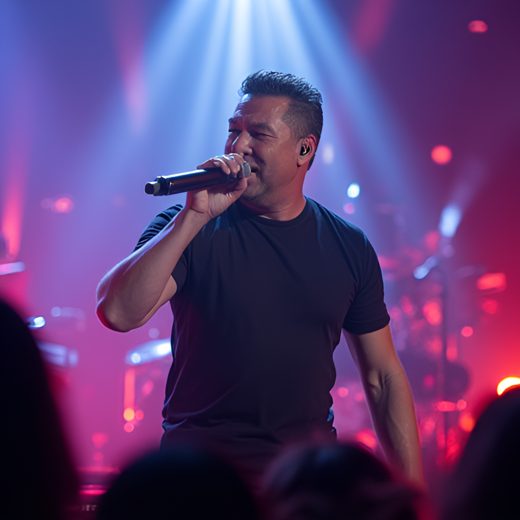A dynamic image of Bui Cong Nam performing on a stage during a concert or TV show, with vibrant lighting and an engaged audience, capturing his energy as a performer.