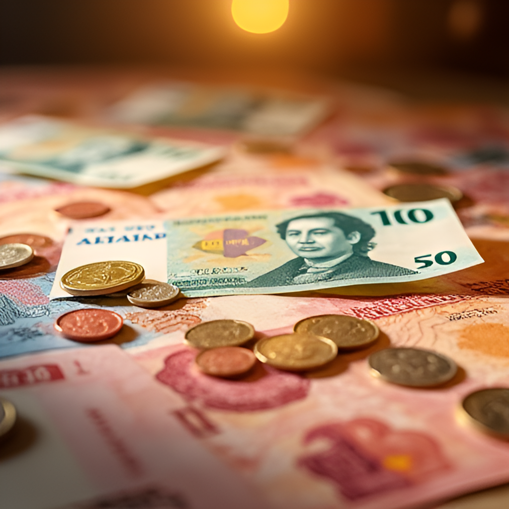 A vibrant image depicting different denominations of Vietnamese Dong banknotes and coins, possibly scattered on a table with a lottery ticket nearby, symbolizing potential winnings. The lighting should be warm and inviting.