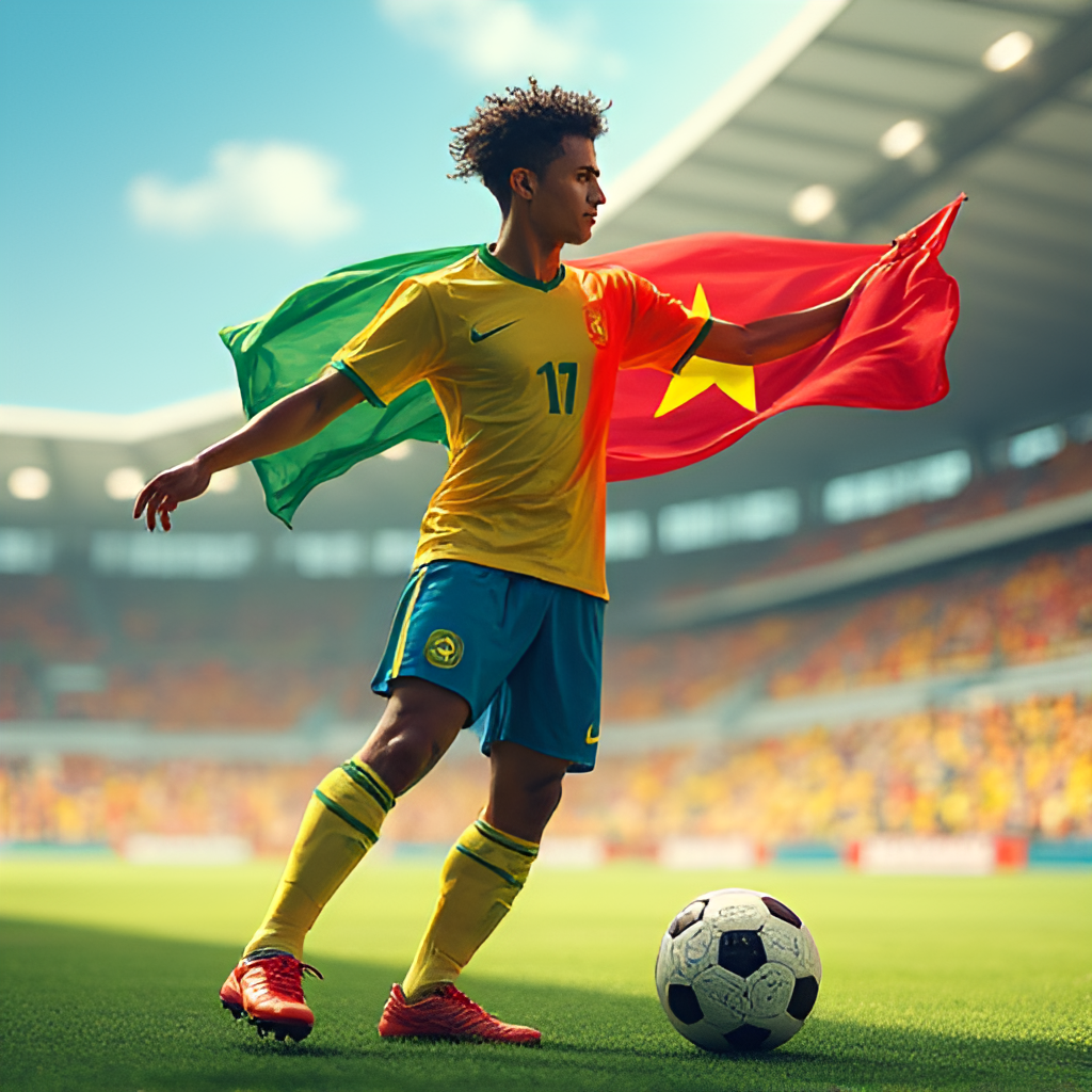 A conceptual or illustrative image depicting the idea of naturalization in football, possibly showing a player (representing Hendrio) with both Brazilian and Vietnamese flag elements, or a player embracing Vietnamese culture with football boots nearby, vibrant stadium background