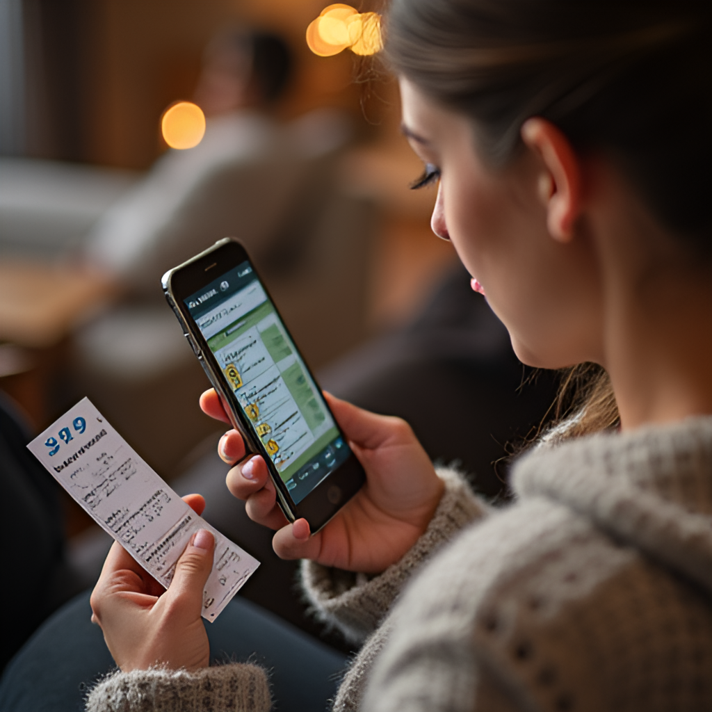 A person is checking lottery results on a smartphone app, with a physical lottery ticket next to it, showing excitement or anticipation on their face. The background could be a cozy living room or a cafe.