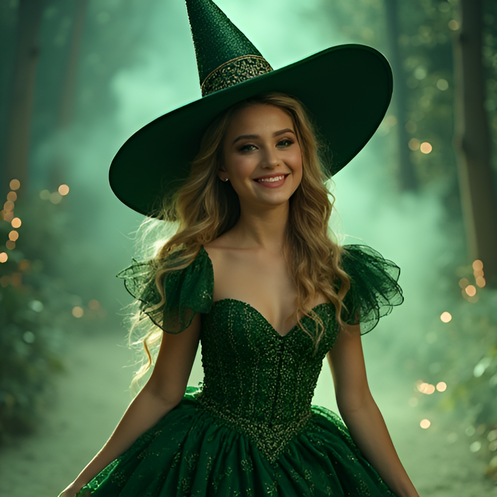 A stylized movie poster-like image featuring Ariana Grande as Glinda the Good Witch from the movie Wicked, showing her in costume with a magical or fantastical background