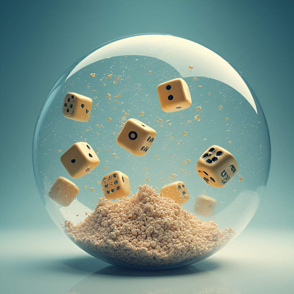 A visual metaphor illustrating the concept of probability and chance, perhaps showing falling dice or random number generation within a sphere, conveying the unpredictable nature of lottery.