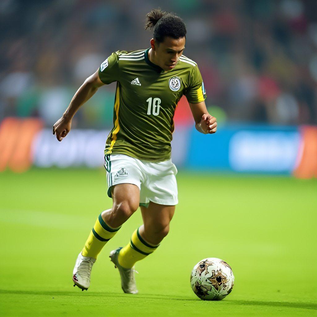 A close-up, dynamic shot of a football player in a Liga MX match, dribbling the ball with energy and focus on a green pitch