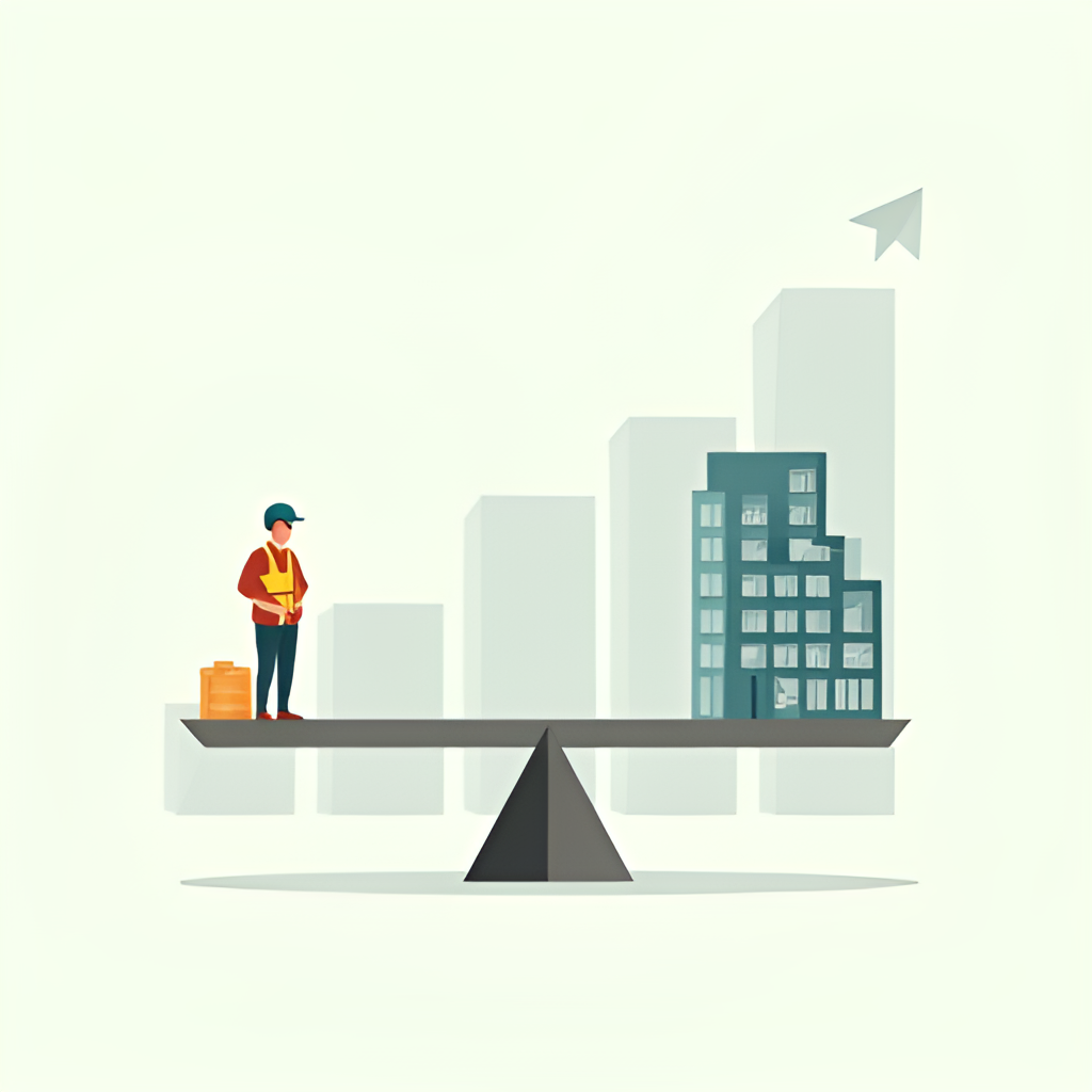 A concept illustration in a balanced, modern style, depicting a scale with a worker on one side and a company building on the other, with the scale balancing evenly, symbolizing the negotiation and balance of interests regarding the minimum wage. The background is a subtle bar chart showing economic growth.