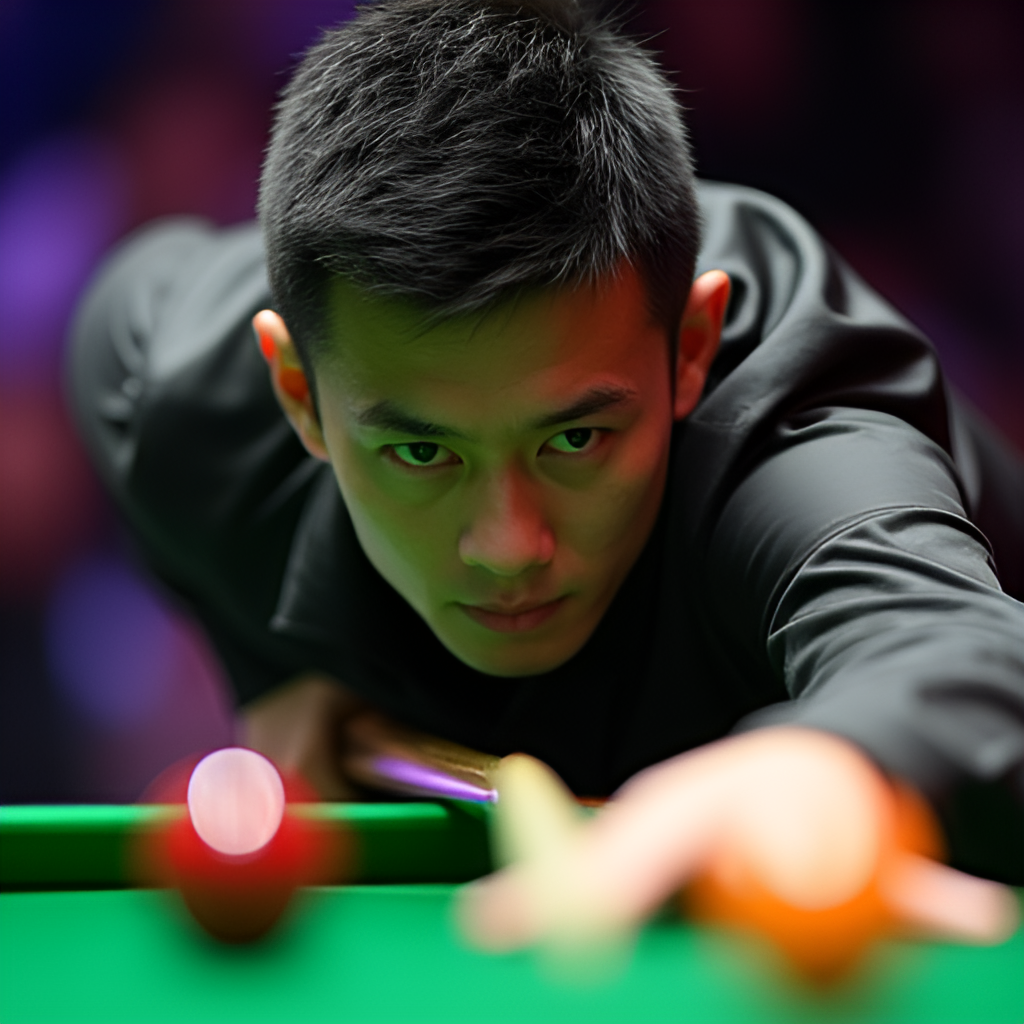 A close-up, dramatic portrait of a professional Vietnamese billiards player (like Tran Quyet Chien or Duong Quoc Hoang) making a difficult shot, intense focus on their face and hands. The cue stick is in motion, and the background shows blurred lights of a grand tournament stage, conveying skill, concentration, and national pride.